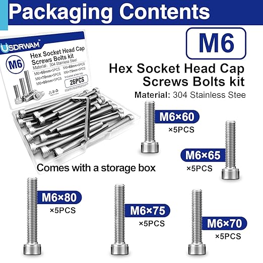 25Pcs M6 Hex Socket Head Screws, Stainless Steel Full Thread Bolts Assortment Kit in 60mm, 65mm, 70mm, 75mm, 80mm