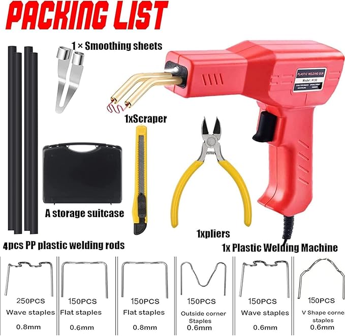 Plastic Welder,2 in 1 Plastic Welding Repair Kit with 1000pcs Hot Staples,4pcs Plastics Welding Rods,knife,Plier, Hot Staples Weld Gun Repair Kit for Car Bumper And Most Plastics(Red)