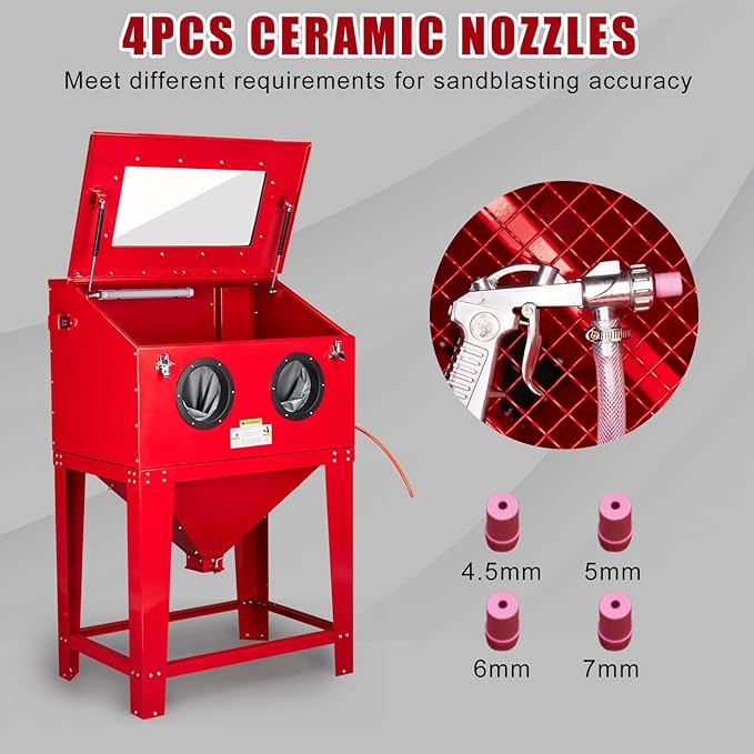 90 Gallon Sandblasting Cabinet,40-80PSI Sand Blasting Cabinet with Glass Viewing Windows/LED Light, Heavy Duty Sand Blaster with 4 Nozzles & Blasting Gun for Paint, Rust Removal Red