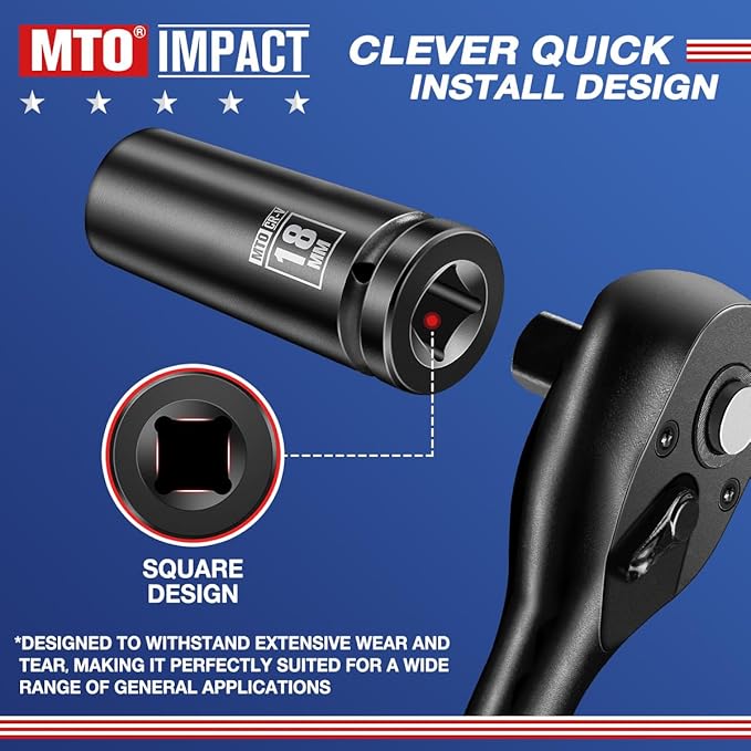 MTO 1/2" Drive 18mm Deep Impact Socket, 6-Point Metric Socket for Automotive Maintaince, CR-V Steel Meets ANSI Standards