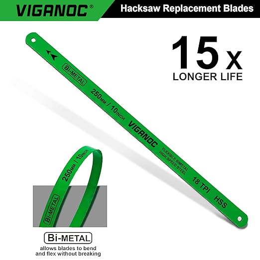 10" (250mm) Hacksaw Replacement Blades, Bi-Metal High Speed Steel Hack Saw Blades - 18TPI HSS Saw Blades, 10 Pack