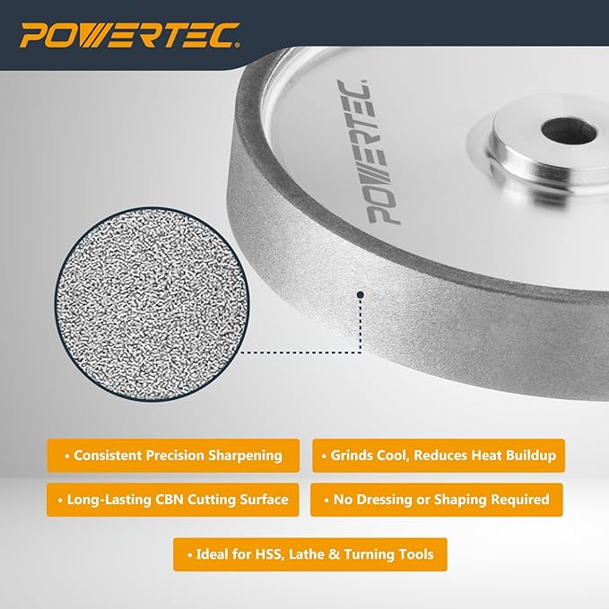 POWERTEC CBN Grinding Wheel 6 Inch 320 Grit, 1" Wide, 1/2" Arbor ??Bench Grinder Sharpening Wheel for HSS Tools, Lathe Chisels, and Woodturning Tools (15703)
