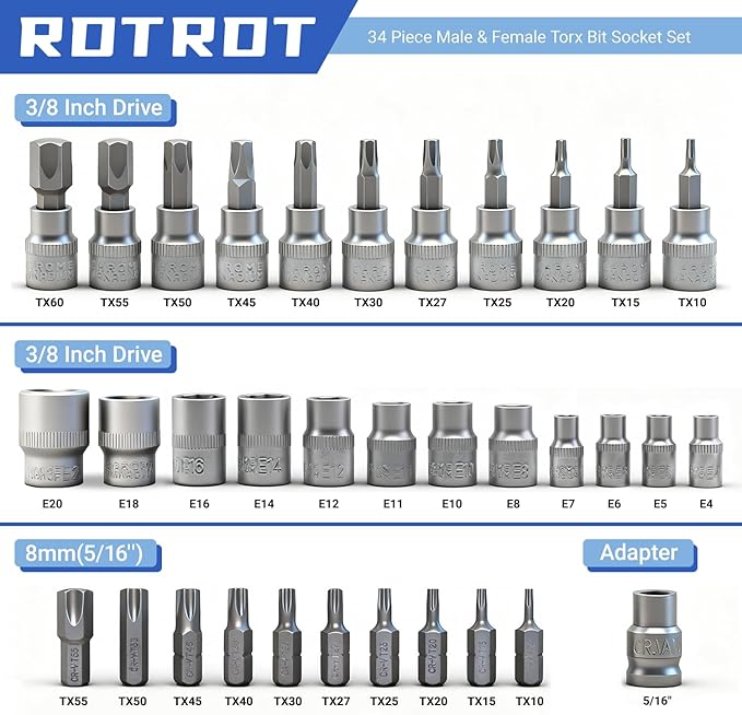 34-Piece Torx Star Bit Socket Set,CR-V Steel, E4-20, T10-60, Tamper Proof Set TT10-TT55, 5/16"F to 3/8"M adapter with Storage Case, Ideal for Car,Trucks,Home Improvement