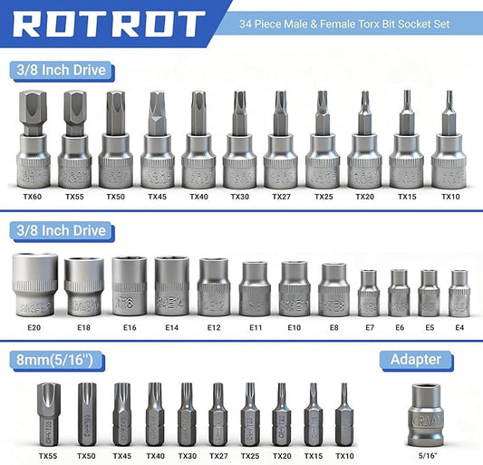 34-Piece Torx Star Bit Socket Set,CR-V Steel, E4-20, T10-60, Tamper Proof Set TT10-TT55, 5/16"F to 3/8"M adapter with Storage Case, Ideal for Car,Trucks,Home Improvement