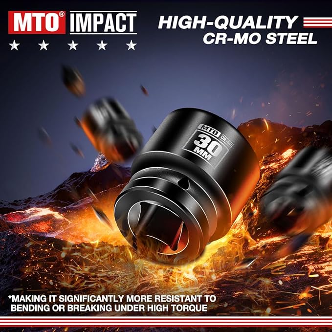 MTO 1/2" Drive 30mm Shallow Impact Socket, 6-Point Metric Socket, CR-MO Steel & Anti-Corrosion Coating for Tight Spaces and Heavy-Duty Tasks