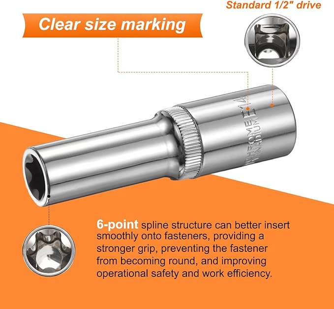 HARFINGTON E-Torx Socket 1/2" Drive E14 Star Female Socket 3.1" Length External Torx Deep Sleeve Chrome Plating 6 Point Spline Sleeve for Auto Repairs Home Maintenance