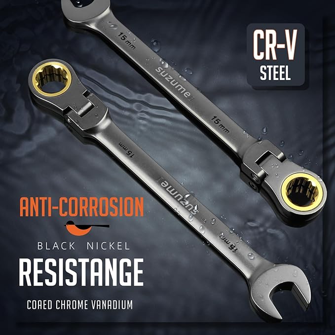 SUZUME 15mm Flex Head Ratcheting Wrench Metric 72 Teeth Cr-V Steel 15K+ Cycle Locked Gears with 180째 Flexible Head Black Nickel Coating