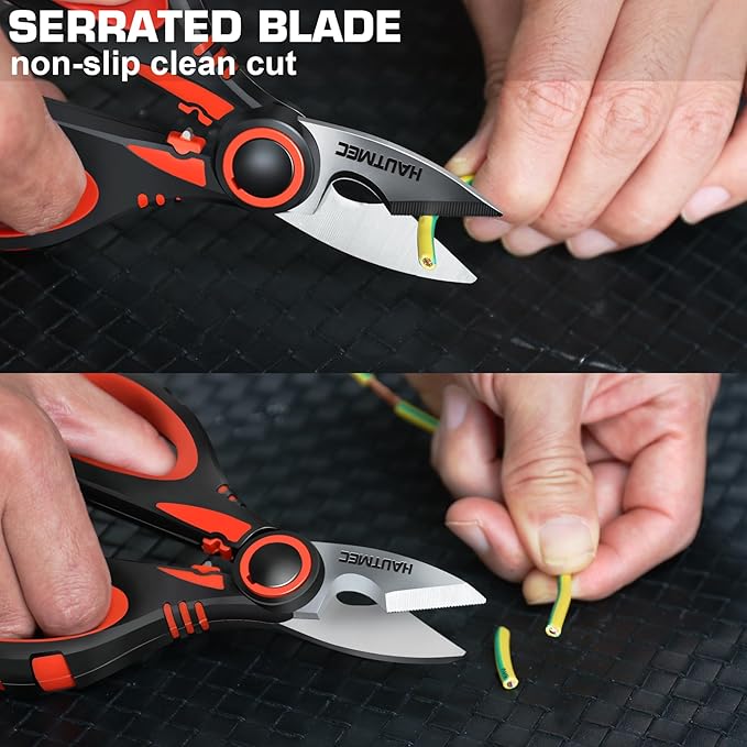 HAUTMEC Heavy-Duty Electrician Scissors, 6-1/4" Professional Electrician Shears with Stainless Serrated & Notch Blade, Wire Stripping, Cable Cutting & Crimping, Ergonomic Fiberglass Handle, HT0416