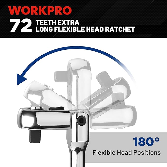 WORKPRO 1/4 inch Drive Extra Long Flex Head Ratchet, 12 Inch Long CR-V Steel Ratchet Handle with Chromium Plating, CR-MO Head, Quick Release Reversible Design, 72-Tooth