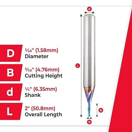 Amana Tool Solid Carbide Spektra Extreme Tool Life Spiral Plunge Router Bit Down-Cut, 46213-K, 1/16 Dia x 1/4 CH x 1/8 Shank 2 Inch L
