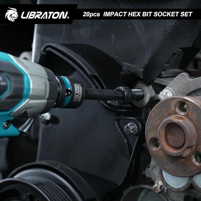 LIBRATON Impact Hex Bit Socket Set, 1/2" Dr, S2 Steel, Metric & SAE 20PCS (H5-H19 & 1/4"-3/4") High Torque Sockets for Professional Mechanics & Automotive Repair (XPE Storage Cases)