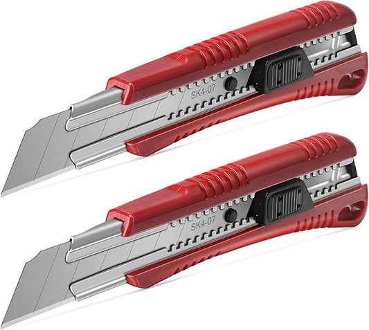 HAUTMEC 2PCS 25mm Utility Knife, Heavy Duty Auto-Lock, Retractable Box Cutter with 2pcs Spare Snap-off Sharp Blades HT0080-2PC