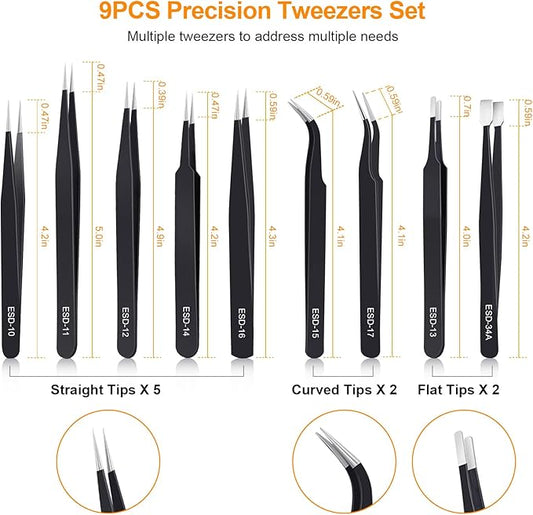 9PCS Precision Tweezers Set, Upgraded Anti-Static Stainless Steel of Tweezers, for Electronics, Soldering, Laboratory Work, Jewelry-Making, Model, Craft