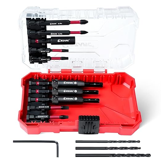 EZARC 14PCS Self Centering Drill Bit Set, Center Drill Bit Set with Replacement Bits, Screwdriver Bits & Bit Holder - 1/4" Hex Shank for Cabinet Hinges & Woodworking with Storage Box