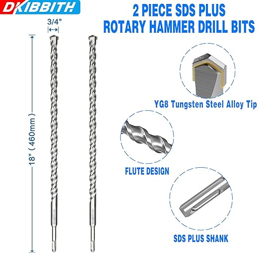 2-Pack SDS Plus Masonry Drill Bits 3/4 Inch x 18 Inch Long Rotary Hammer Drill Bits Carbide Tipped for Concrete Brick Cement Stone Block.