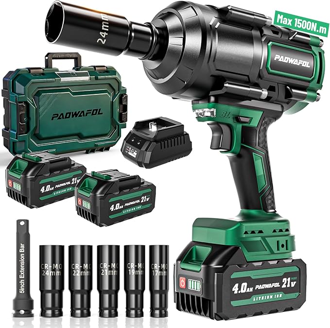 2026 New Upgrade 1500N.m(1106ft-lbs) Impact Wrench, High Torque 1/2 Impact Gun with 21V 2x4.0AH Battery, Fast Charger & 5 Sockets, 3500IPM Brushless Impact Driver for Home Car Truck Tires