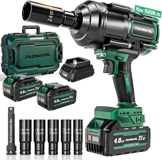 2026 New Upgrade 1500N.m(1106ft-lbs) Impact Wrench, High Torque 1/2 Impact Gun with 21V 2x4.0AH Battery, Fast Charger & 5 Sockets, 3500IPM Brushless Impact Driver for Home Car Truck Tires