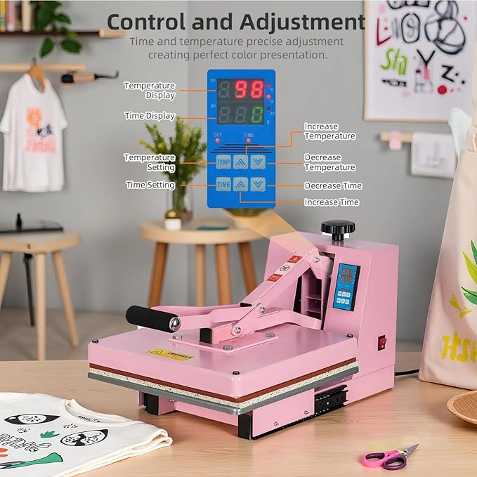Heat Press 15x15 in, Manual Heat Press Machine for T Shirts, Swing Away T Shirt Pressing Machine for Garments Bag Textile Curtain Mousepad, with Slide-Out Base, Pink