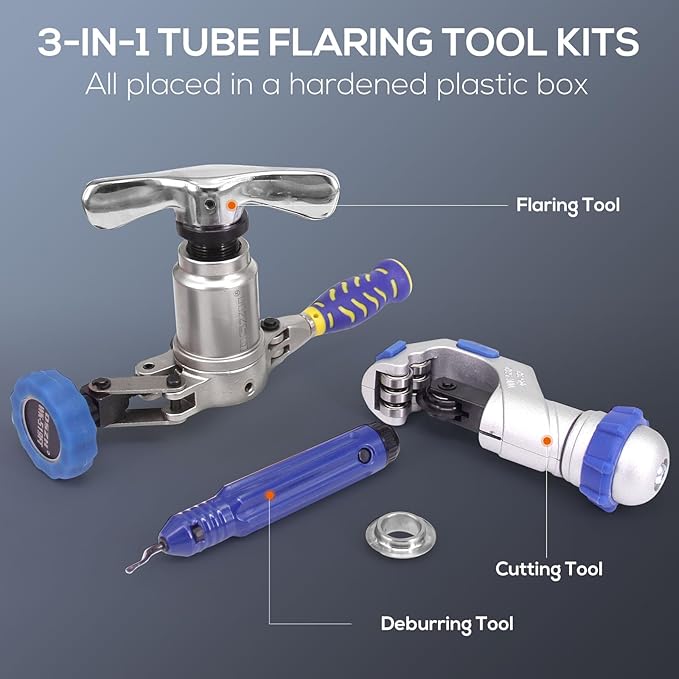 Accurate 3-IN-1 Tube Flaring Tool Kit, Eccentric Expander 45째 Cone Tubing Flaring Tool, Include Cutter Deburring Tool, HVAC Refrigeration Tools for Copper/Soft Pipe Flaring 1/4-3/4 Inch O.D. Tubing