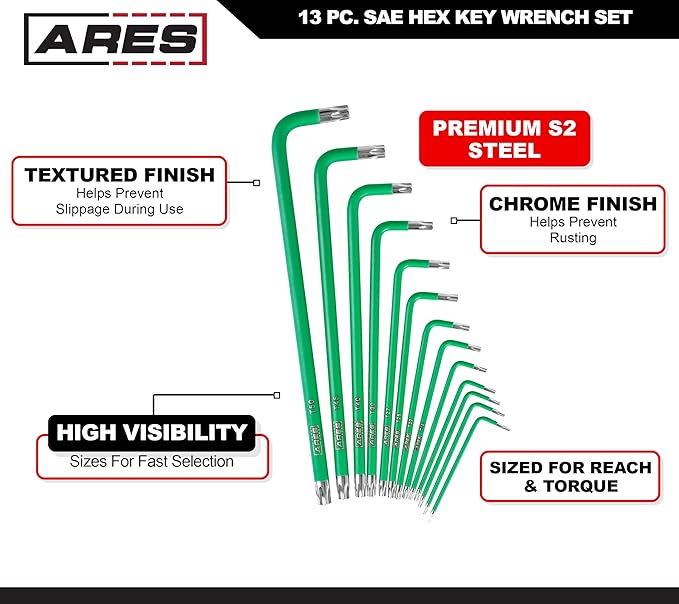 ARES 70166-13-Piece Extra Long Arm Torx Star Key Wrench Set - Chrome Finish with Green High Visibility Anti-Slip Coating - Convenient Storage Case Included
