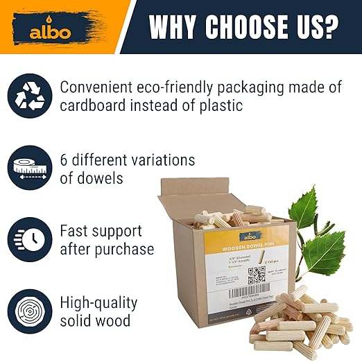 ALBO Wooden Dowel Pins 3/8 x 1 1/2 inch Fluted Wood Dowels Rods 150 Pack Hardwood Crafts Dowel Pegs