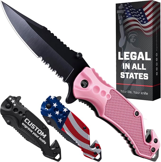 GOOD WORKER Legal Pocket Knife with 2.95??Serrated Blade, Glass Breaker, Seat Belt Cutter - EDC Sharp Folding Knives with Portable Clip - Small Tool for Tactical Camping Survival Hiking - Gifts for Men, Women