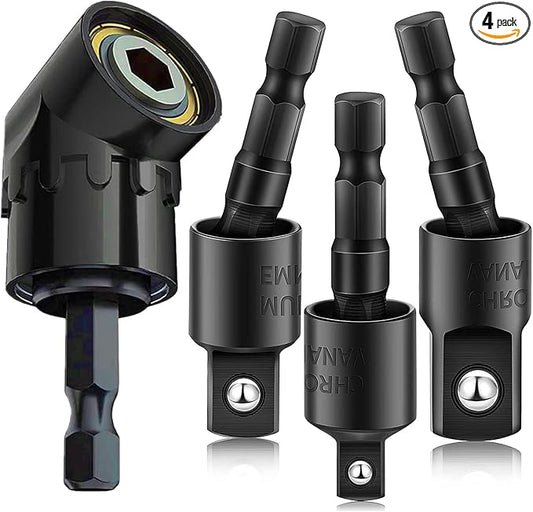 Right Angle Drill Adaptor,4-in-1 Impact Drill Bit Extension,360째 Rotatable 1/4 3/8 1/2" Impact Grade Socket Adapter Set,105 Degree Angle Screwdriver Drill Bit for Household Workplace Industry