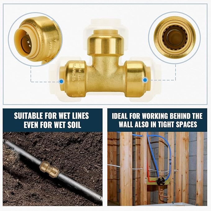 SUNGATOR Push Fitting Set, 1/2 Inch Pushfit Tee (5 PCS), 3/4 Inch Pushfit Tee (3 PCS), No Lead Brass Push to Connect Plumbing Fittings for Pex Pipe, Copper, CPVC, with 2 Disconnect Clips, Pack of 8