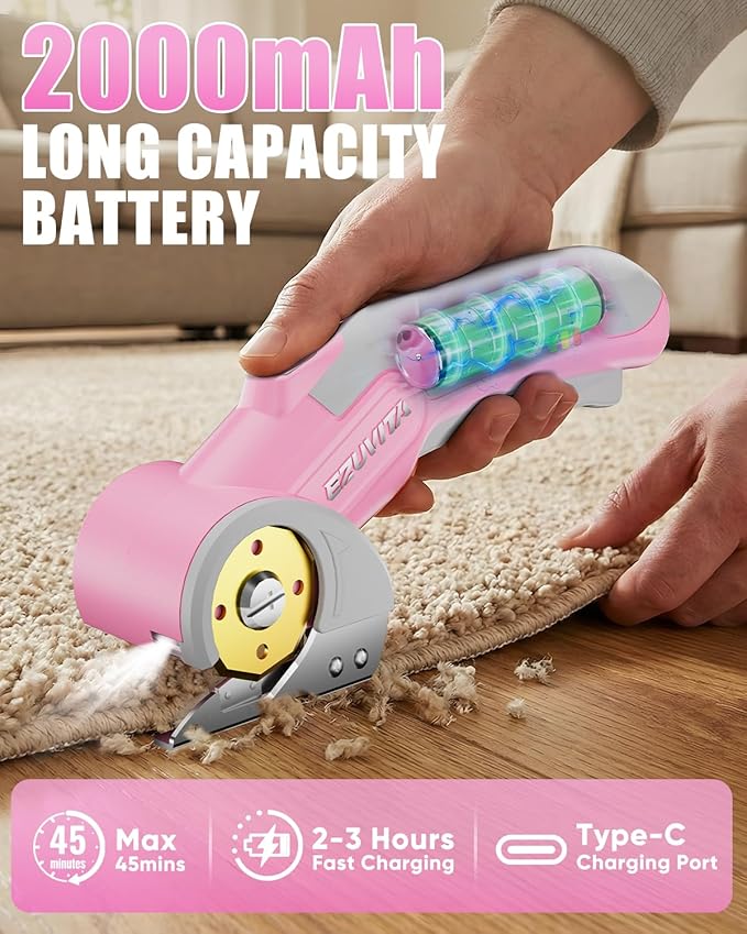 4V Cordless Electric Scissors with LED Light, Rechargeable Cardboard Box Cutter, Wrench & Titanium-Coated Replacement Blade for Fabric, Leather, Carpet & Plastic(Pink & Grey)