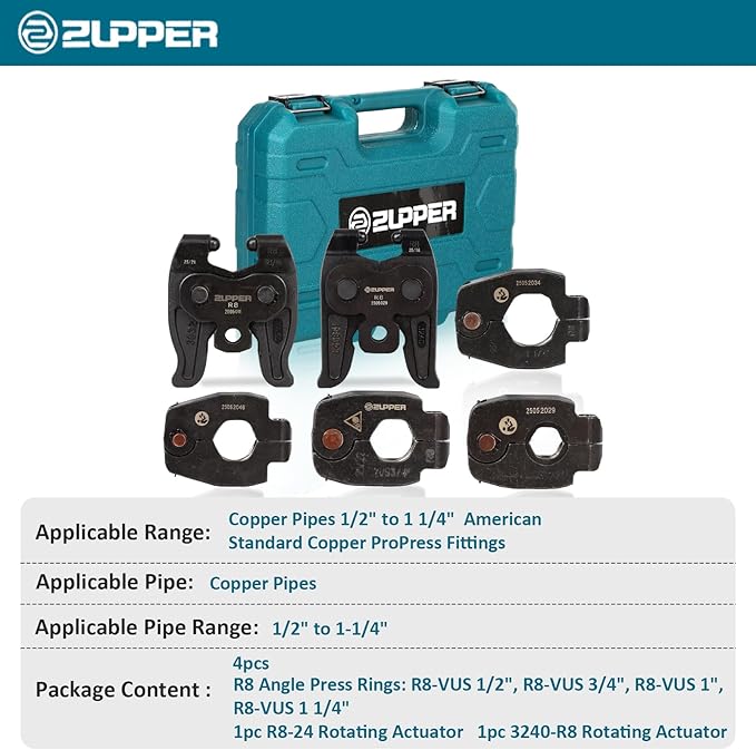 ZUPPER 4PCS Copper Press Rings 1/2" to 1-1/4", 2Pcs R8 Rotating Adaptors R8-24 and R8-3240 Suit for Narrow,Angled Installation Areas Compatible with Press Tools(24kN and 32kN)