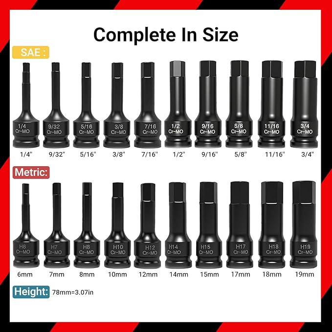20Pcs 1/2" Drive Master Impact Hex Bit Set, Hex Driver, SAE/Metric, 1/4" - 3/4", 6mm - 19mm, Allen Bit Socket Set,Cr-Mo Steel, One-Piece Construction