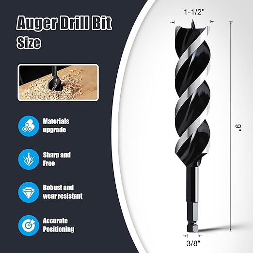 1-1/2'' x 9'' Auger Drill Bit for Wood, Hex Shank Tri Flute Ship Auger Long Drill Bit for Soft and Hard Wood,Tree Stump,Plastic,Drywall and Composite Materials