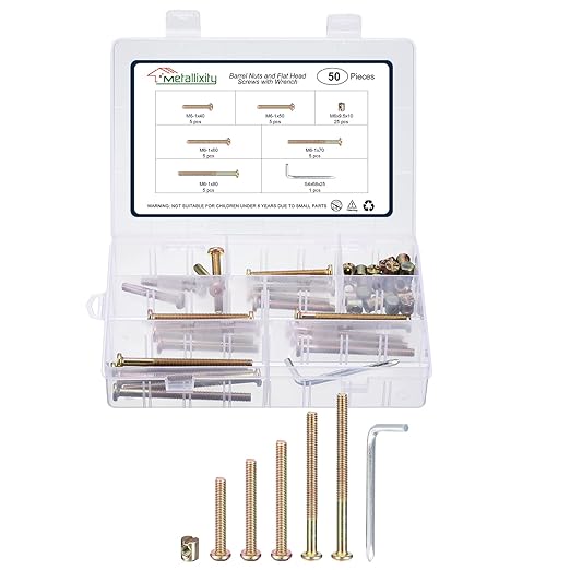 METALLIXITY Furniture Crib Screws Replacement Set with Wrench(M6-1x40/50/60/70/80mm) 50Pcs, Connector Bolts M6 Screw Barrel Nuts Binding Screws, for Chair Cabinet Bed, Yellow