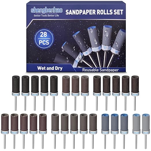 28Pcs Sanding Drums Sandpaper Sticks Set for Dremel Rotary Tool, 1/8" Shank 180/240/320/600/1000/1500/2000 Grits Different Meet More Needs for Metal Rust Removal/Stone Grinding/Jade Polishing