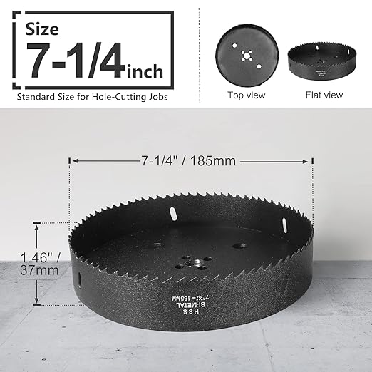 7-1/4 Inch Hole Saw with 1/2" Hex Shank Quick Change Arbor, JTemgle Bi-Metal Hole Saw Heavy Duty Hole Cutting Tool for Cornhole Boards, Recessed Lights, Wood, Plastic, Drywall & Soft Metal