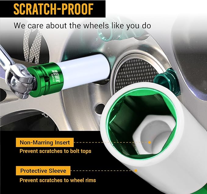 EWK 1/2" Drive 22mm Lug Nut Socket, 22mm Impact Socket, Non-Marring Protective Sleeve Prevents Damage to Custom Rims