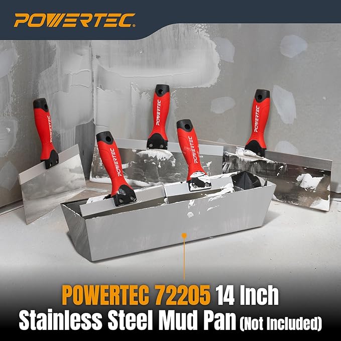 POWERTEC Drywall Knife Set, 5 Pcs Stainless Steel Taping Knives, 6",8",10", 12",14" Drywall Joint Taping, Finishing & Patching (72174)