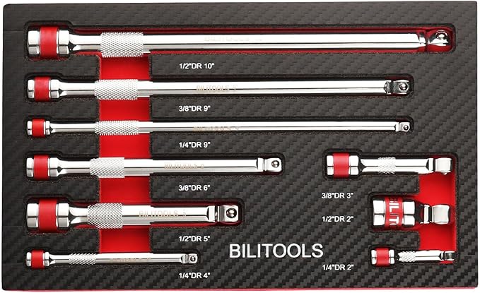 BILITOOLS Wobble Extension Set, 9 PCS 1/4", 3/8" and 1/2" Drive Ratchet Extension Set Flexible, Cr-V Steel