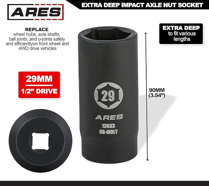 ARES 12033-29MM Axle Nut Socket - 6 Point Socket - Extra Deep 1/2-Inch Drive Impact Socket for Easy Removal of Axle Shaft Nuts