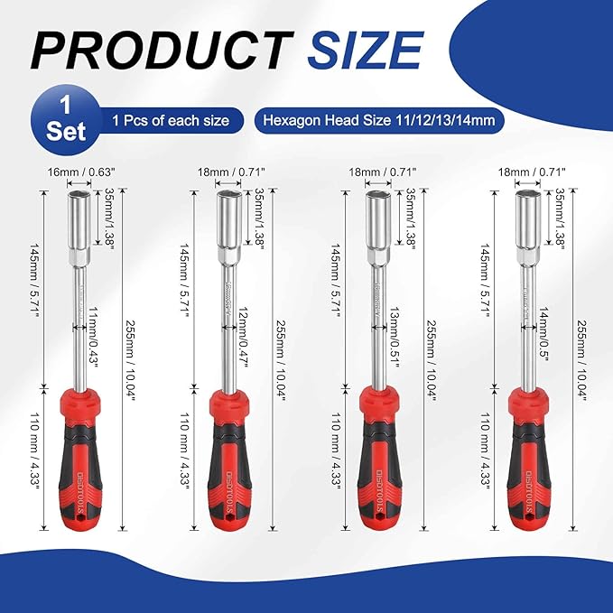 HARFINGTON 4 Pcs Metric Nut Driver 11mm/12mm/13mm/14mm CR-V Non-Magnetic Tip Hollow Shafts Hex Socket Screwdriver with Anti-Slip Handle for Automobile Repair Bit Driver, Brown