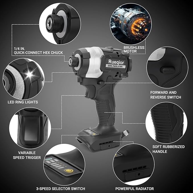 Cordless Impact Driver 1/4 inch for DeWalt 20v Battery, Brushless Driver 220Ft-lbs(300N.m), 3-Speed Lightweight Power Impact Drivers with LED Light(Tool Only)