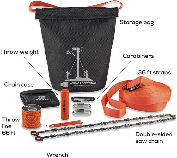 Nordic Pocket Saw High Limb Rope Saw - The Arborist V.2-32" Rope Chainsaw Double Sided with Sawteeth on Each Link - 36 feet Straps and 66 feet Throwline - Tree Limb Cutter with Storage Bag