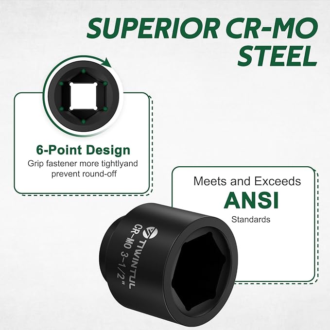 3-1/2" Impact Socket 1" Drive, 6 Point Design, CR-MO Jumbo Impact Socket, ANSI Certified, Heavy Duty Socket 1 Inch Drive for Mining, Offshore, Heavy Truck & Industrial Use