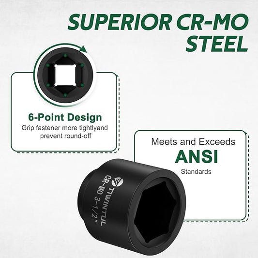 3-1/2" Impact Socket 1" Drive, 6 Point Design, CR-MO Jumbo Impact Socket, ANSI Certified, Heavy Duty Socket 1 Inch Drive for Mining, Offshore, Heavy Truck & Industrial Use