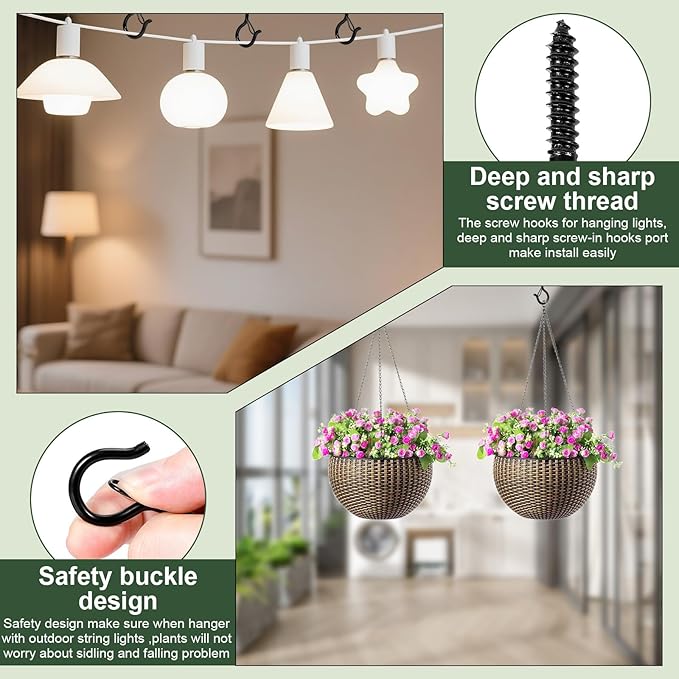 30 PCS Q Hanger Hooks with Safety Buckle, Windproof Screw Hooks, Outdoor String Lights, Plants, Christmas Lights, Patio Lights Use, 2.2 Inches, Black with 1 Wing Nut Driver