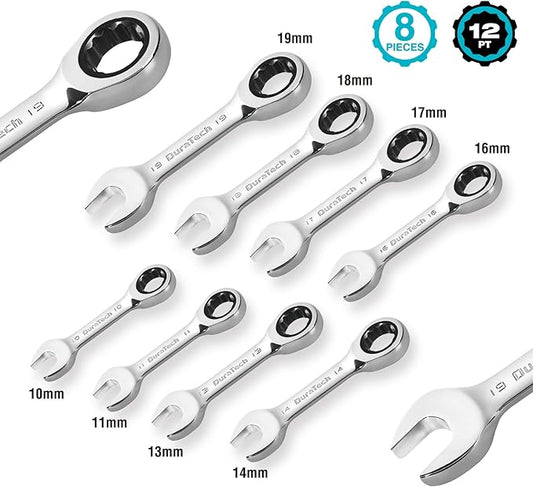 DURATECH Stubby Ratcheting Combination Wrench Set, Metric, 8-piece, 10, 11, 13, 14, 16, 17, 18, 19mm, CR-V Steel, with Pouch
