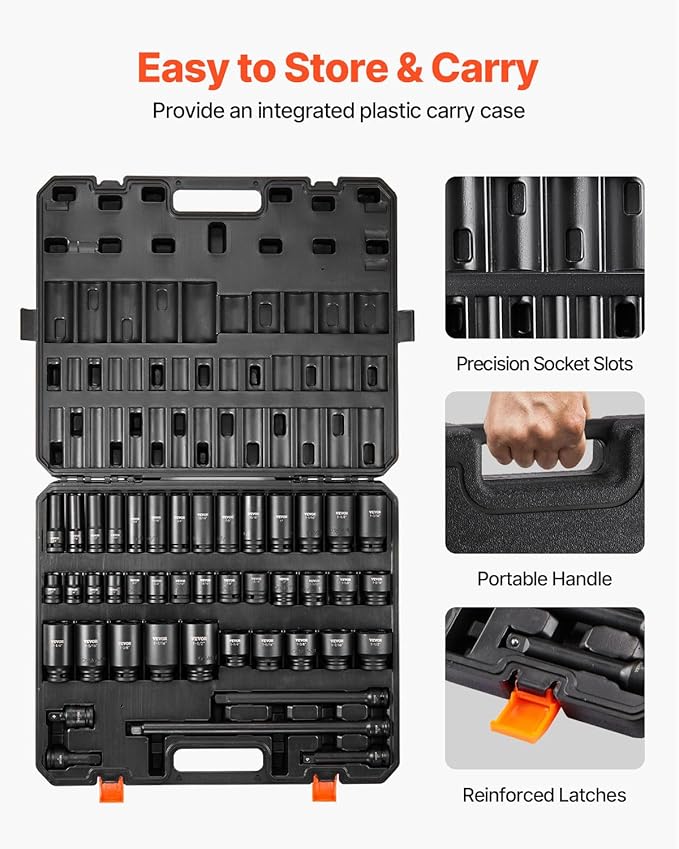 VEVOR Impact Socket Set 1/2" Socket Set 43 Piece Deep & Shallow SAE 3/8" to 1-1/2", 6 Point Cr-Mo Alloy Steel for Auto Repair, Easy-to-Read Size Markings, Rugged Construction, Storage Case