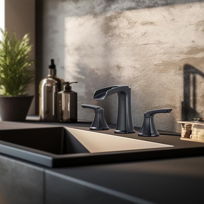 Matte Black Waterfall Bathroom Faucet, Sanliv 3-Piece Widespread Bathroom Sink Faucets, 2-Handle Vanity Faucet for 3-Hole Sinks 4-8 Inch with Pop-Up Drain, ?랱atte Black