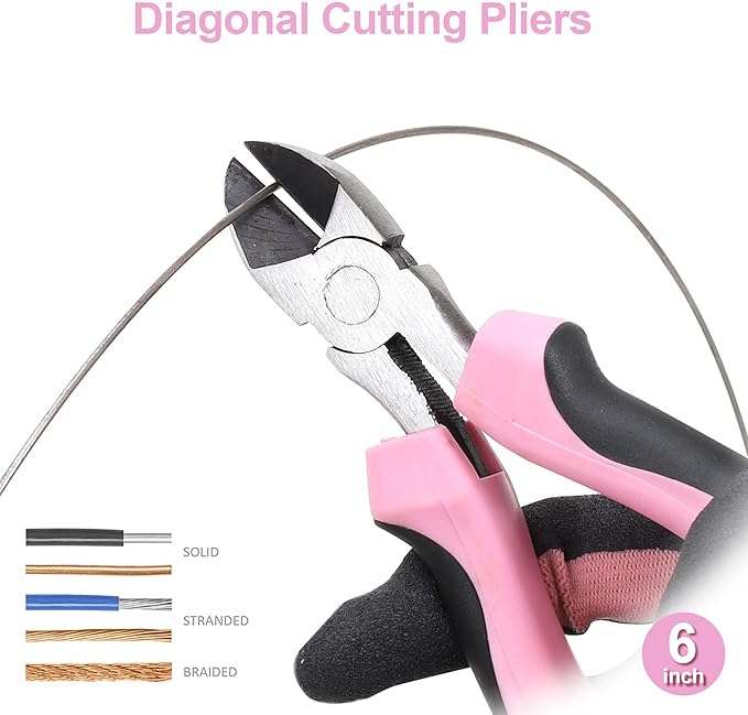 FASTPRO 5-Piece Pink Utility Pliers Set with Storage Bag, Includes Groove Joint, Diagonal, Long Nose, Slip Joint Pliers and 8" Adjustable Wrench