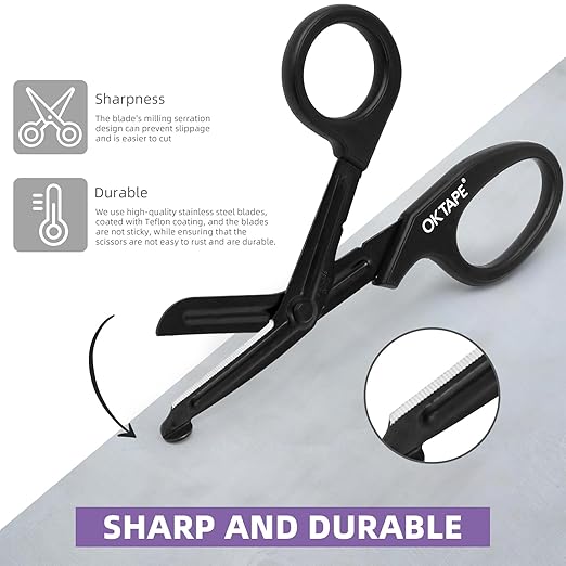 OK TAPE Shears - Bandage Scissors竊똌edical Scissors, EMT Trauma Shears, Non-Stick Scissors, First Aid Outdoor Stainless Steel Teflon, Black Handle and Black Coated Blades, 1 Packs